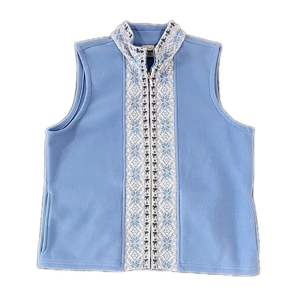 Vintage LL Bean Vest Women's Size L Blue Nordic Fair Isle Snowflake Fleece